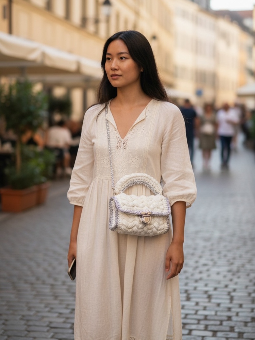 White Crochet Mini Top-Handle Bag with Silver Trim - Picture 6 of 6